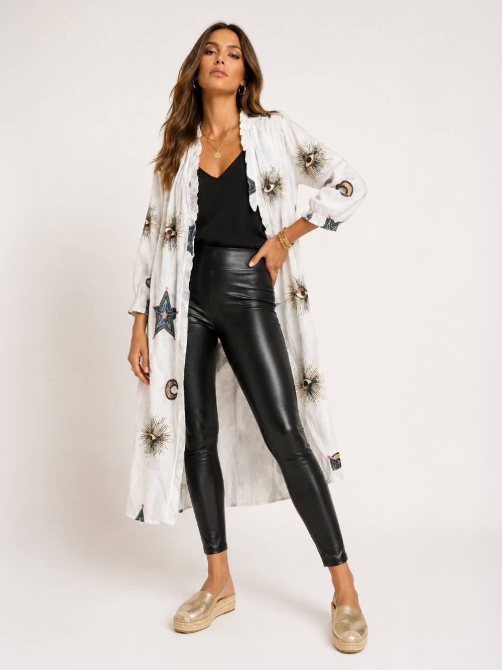 Boho Celestial White Moon Star Evil Eye Midi Shirt Dress Kimono Duster